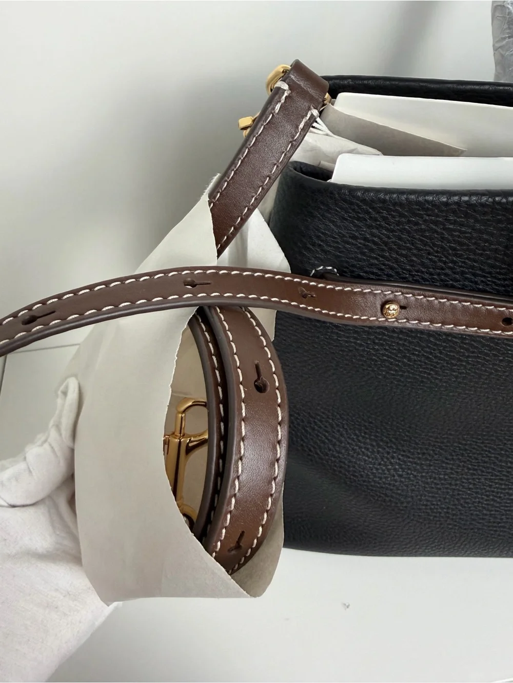 Tory Burch Black Leather Tote with Brown Trim